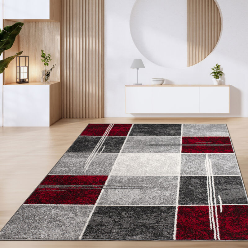 Tapis De Salon Tapis Poils Ras Motifs Marocains Cercle Et Bordures Moderne 120x170 cm, Rouge 2 - Paco Home