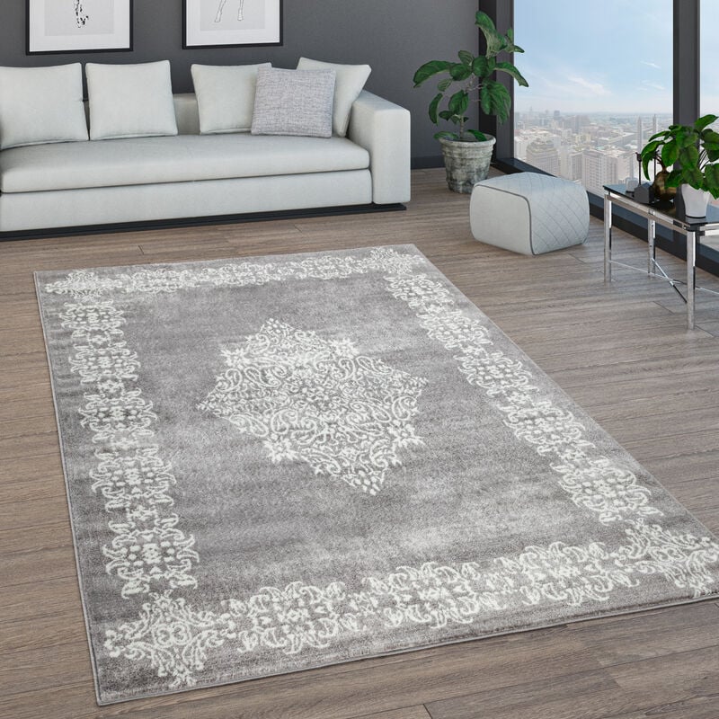 Paco Home - Tapis De Salon Tapis Poils Ras Motifs Marocains Cercle Et Bordures Moderne 80x150 cm, Gris 11