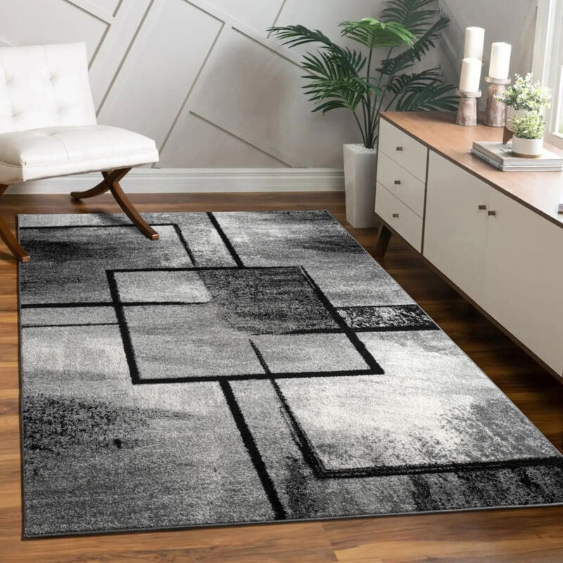Tapis De Salon Tapis Vintage Poils Ras Motif Géométrique Moderne Abstrait Gris 120x170 cm - Paco Home