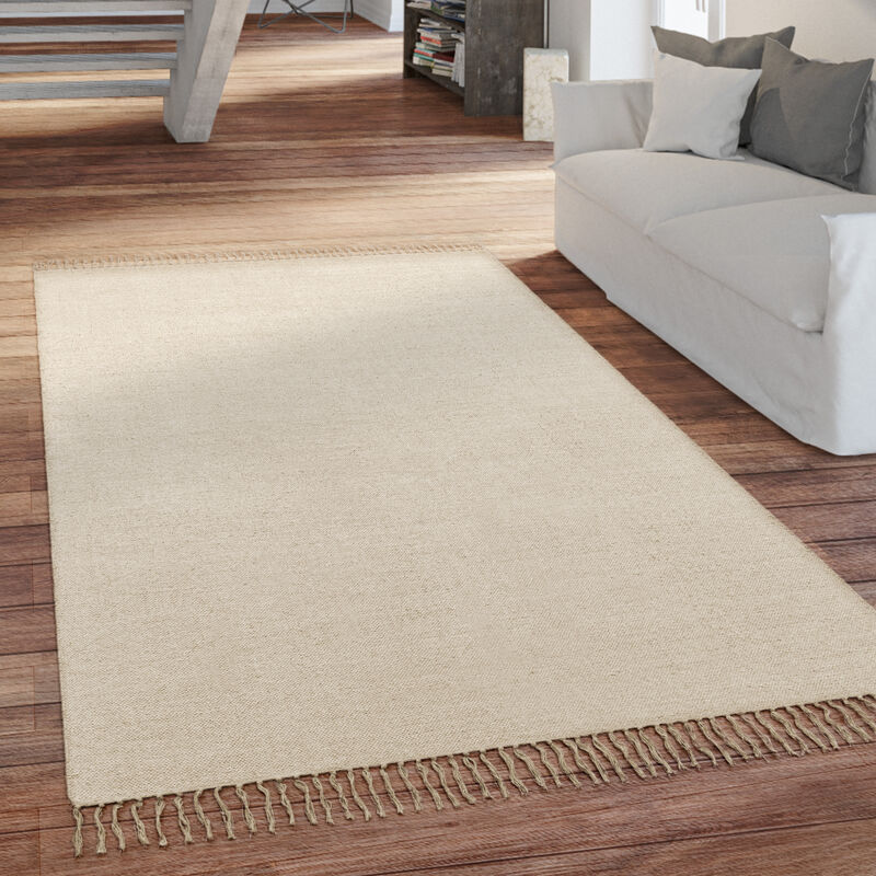 Tapis De Salon Tissage Plat à Franges Fait Main Motif Monochrome 80x150 cm, Beige - Paco Home