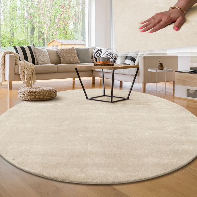 Tapis Moderne Salon à Poils Courts Lavable Doux Uni Effet Fourrure Antidérapant 160 cm rond, Crème - Paco Home