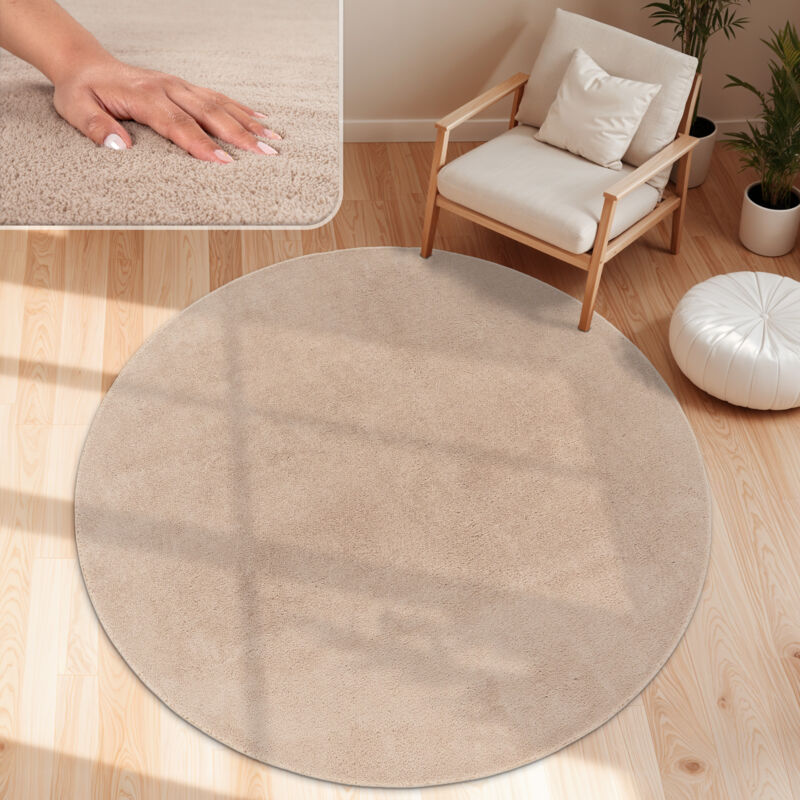 Tapis Moderne Salon à Poils Courts Lavable Doux Uni Effet Fourrure Antidérapant Beige, 160 cm rond - Paco Home