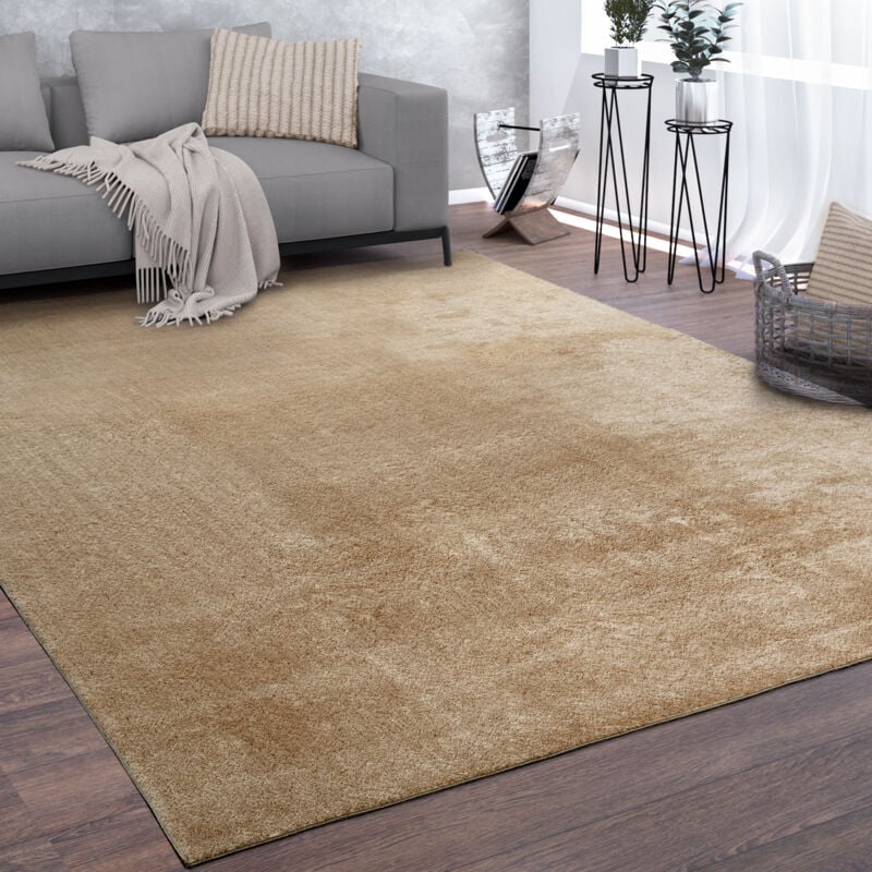 Tapis De Salon Poils Ras Lavable Monochrome Style Moderne Beige Crème 200 cm carré - Paco Home