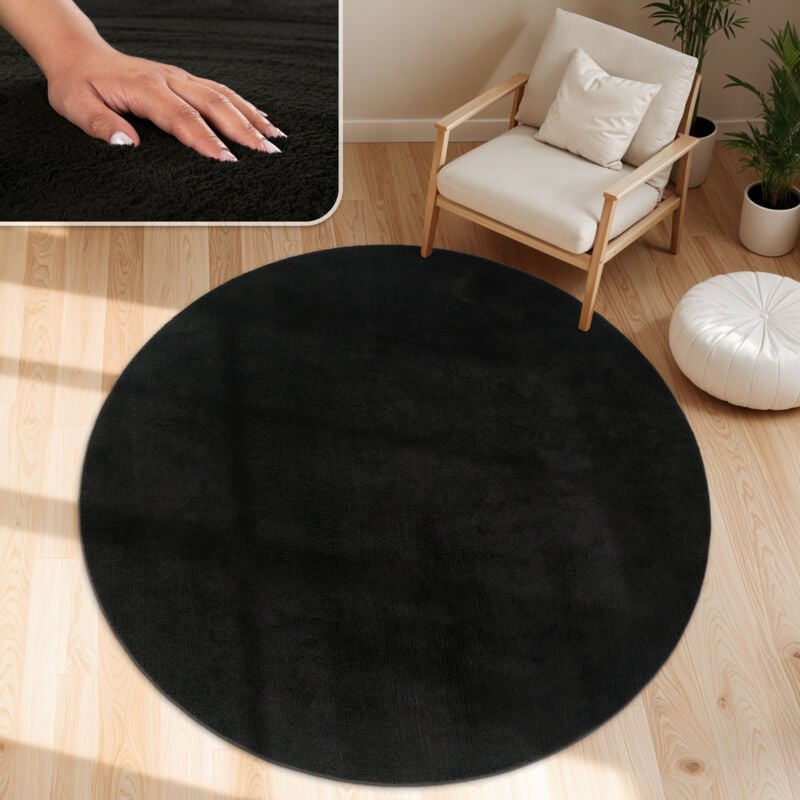 Tapis Moderne Salon à Poils Courts Lavable Doux Uni Effet Fourrure Antidérapant Noir, 160 cm rond - Paco Home