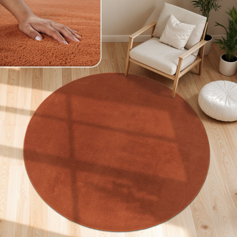 Tapis Moderne Salon à Poils Courts Lavable Doux Uni Effet Fourrure Antidérapant Cuivre, 200 cm rond - Paco Home
