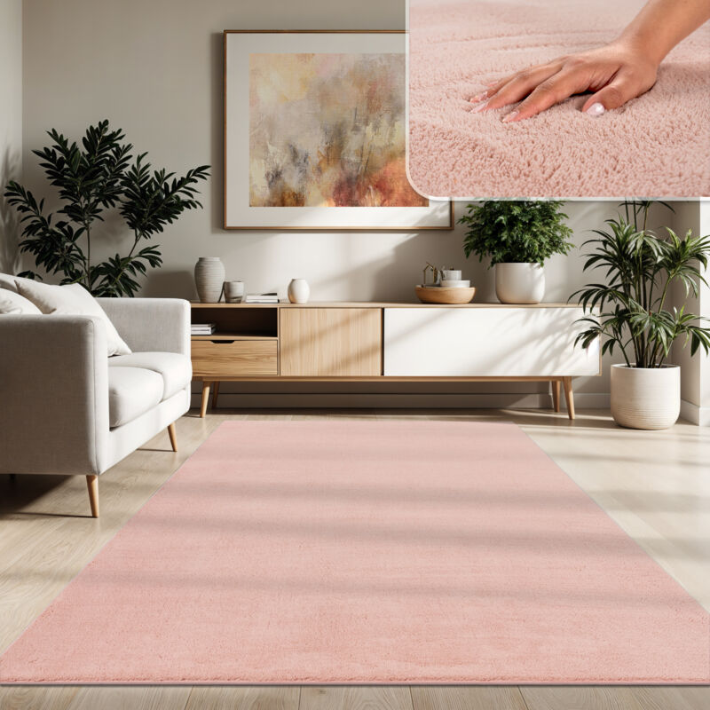 Tapis Moderne Salon à Poils Courts Lavable Doux Uni Effet Fourrure Antidérapant 200 cm carré, Rose - Paco Home