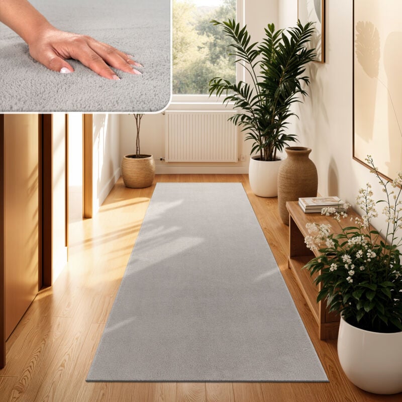 Tapis Moderne Salon à Poils Courts Lavable Doux Uni Effet Fourrure Antidérapant 100x200 cm, Argent - Paco Home