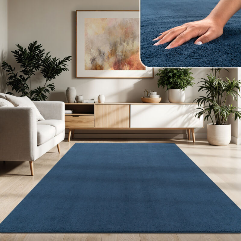 Tapis Moderne Salon à Poils Courts Lavable Doux Uni Effet Fourrure Antidérapant 120x170 cm, Bleu Marine - Paco Home