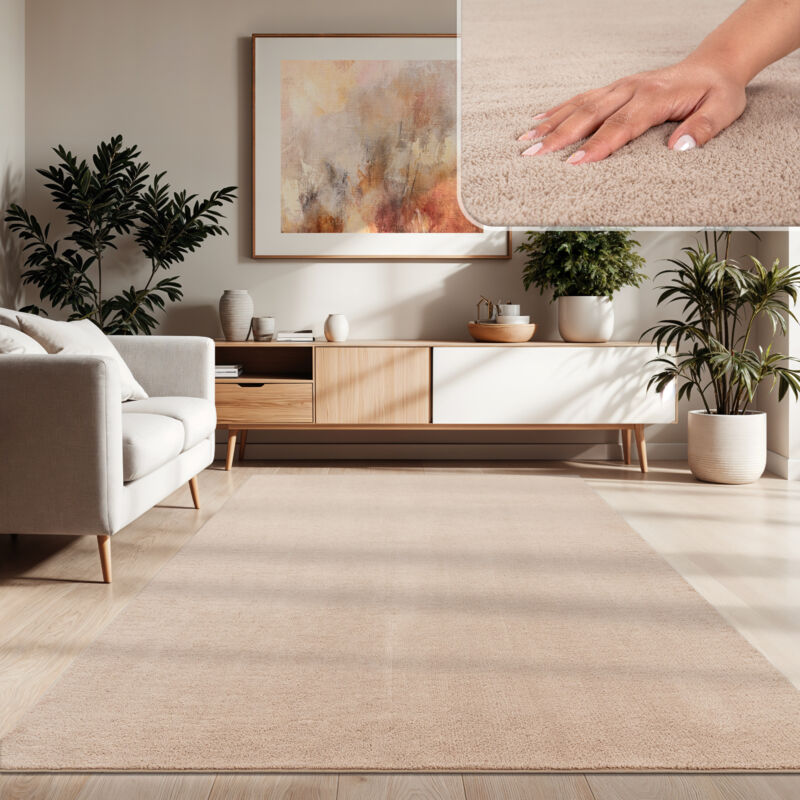 Tapis Moderne Salon à Poils Courts Lavable Doux Uni Effet Fourrure Antidérapant Beige, 200 cm carré - Paco Home