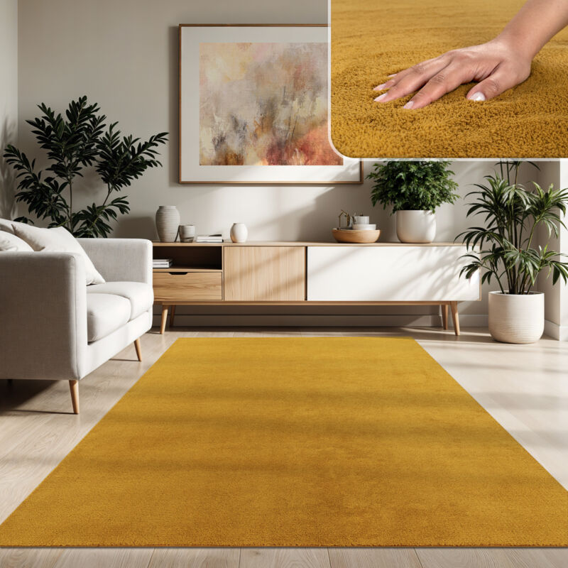 Tapis Moderne Salon à Poils Courts Lavable Doux Uni Effet Fourrure Antidérapant 120x170 cm, Jaune - Paco Home