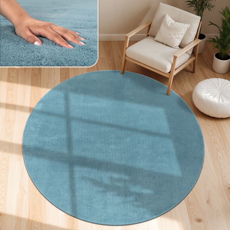 Tapis Moderne Salon à Poils Courts Lavable Doux Uni Effet Fourrure Antidérapant Turquoise, 160 cm rond - Paco Home