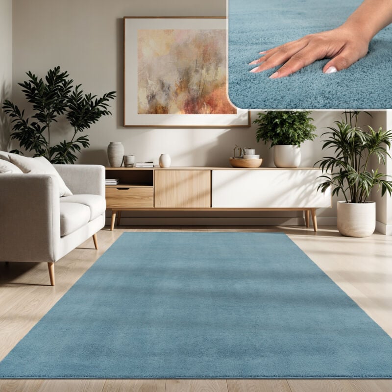 Tapis Moderne Salon à Poils Courts Lavable Doux Uni Effet Fourrure Antidérapant 120x170 cm, Turquoise - Paco Home
