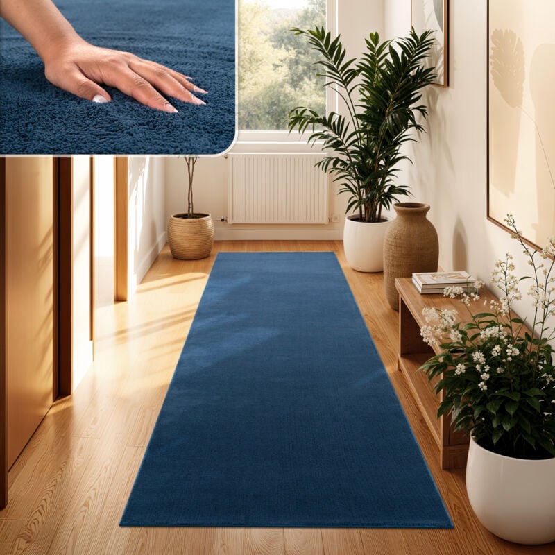Paco Home - Tapis Moderne Salon à Poils Courts Lavable Doux Uni Effet Fourrure Antidérapant 100x200 cm, Bleu Marine