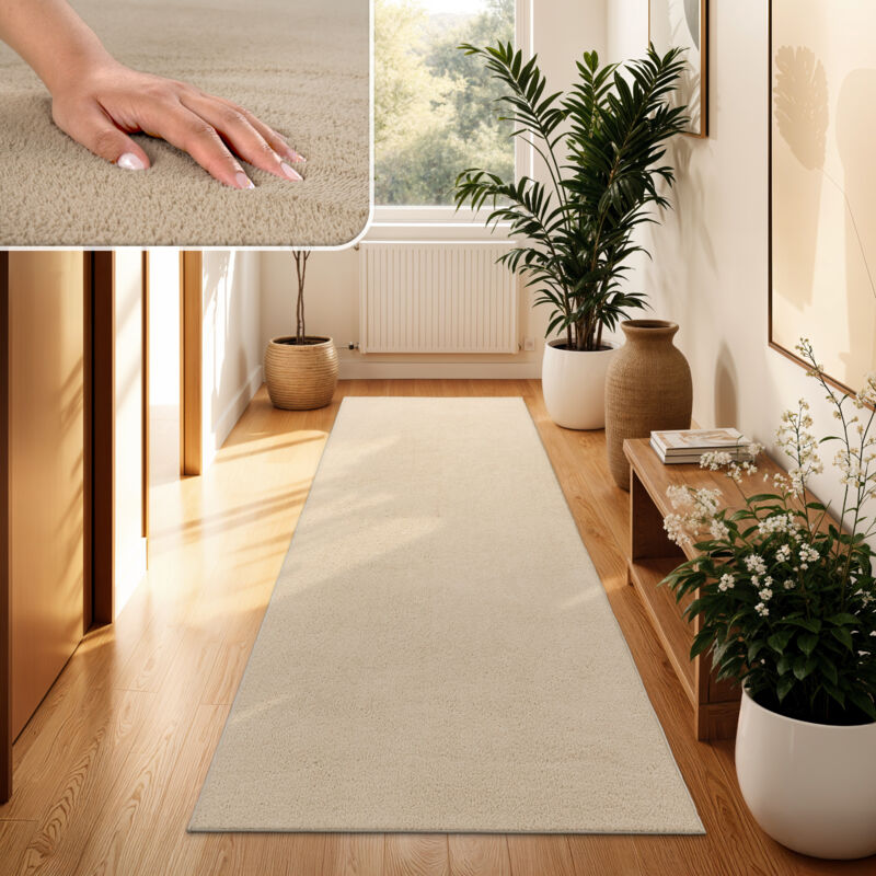 Tapis Moderne Salon à Poils Courts Lavable Doux Uni Effet Fourrure Antidérapant 100x200 cm, Beige 2 - Paco Home