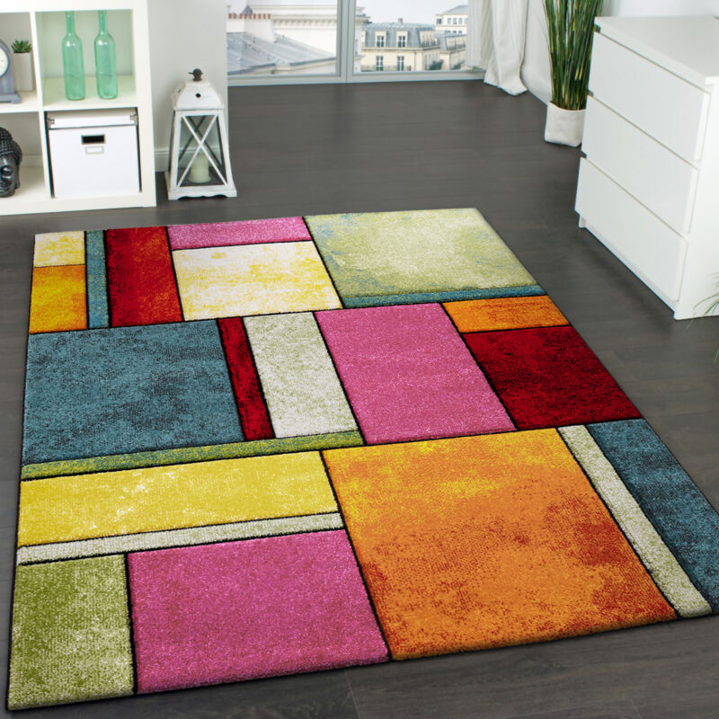 Tapis Design à Carreaux Contour Trendy Multicolore l'Oeil Vert Bleu Orange Rose 80x150 cm - Paco Home