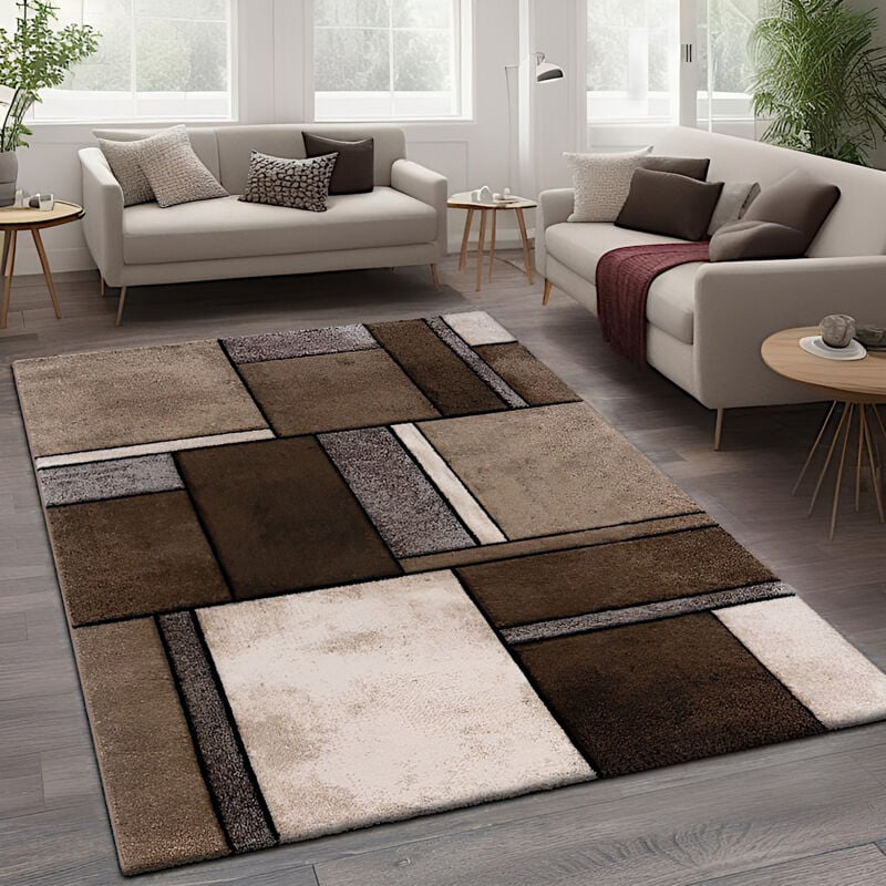 Paco Home Tapis Design à Carreaux Contour Trendy Tape l'Oeil Gris Marron Beige 80x300 cm