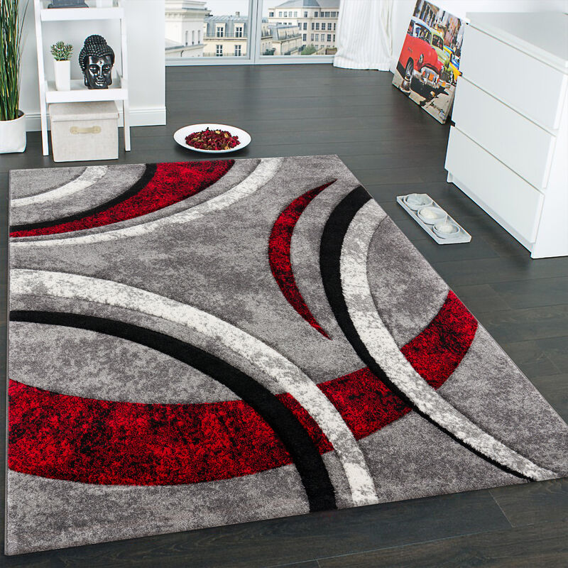 Paco Home - Tapis Design à Contours Motif Ligné Moucheté Gris Noir Rouge Crème 80x300 cm