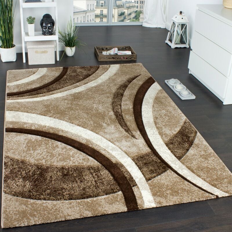 Tapis Design à Contours Motif Ligné Moucheté Marron Beige Crème 80x150 cm - Paco Home