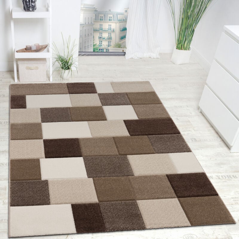 Paco Home - Tapis Design Carrelé Moderne Fait Main Marron Beige Crème 120x170 cm