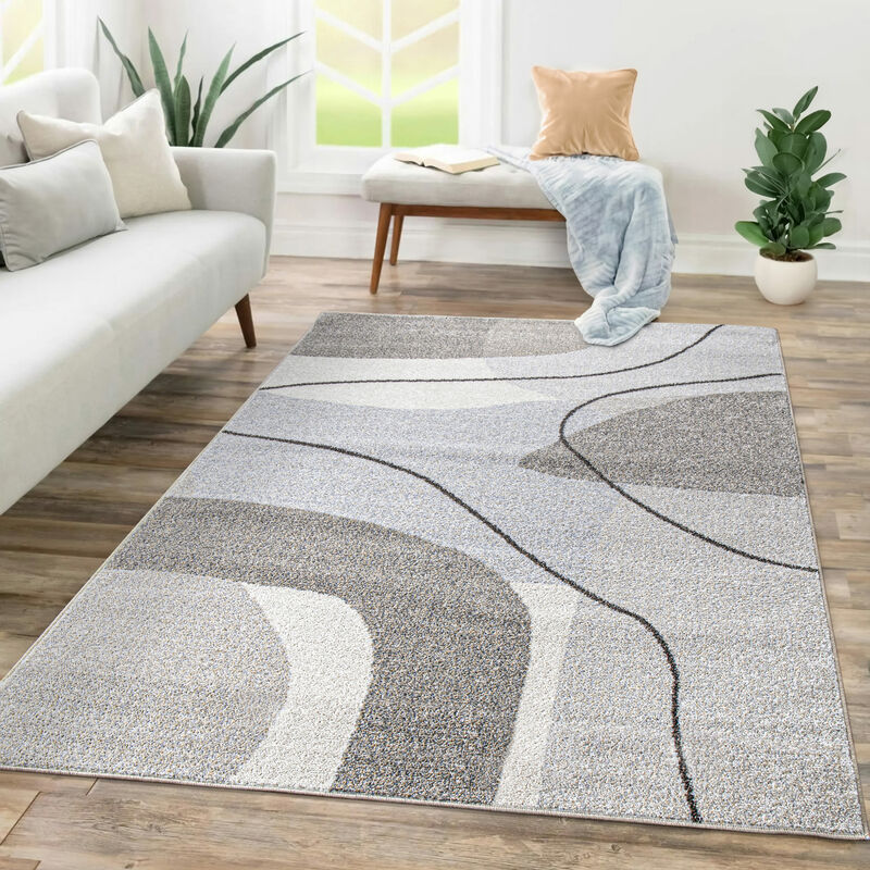 Tapis Salon Chambre Adulte Poils Ras Motif Abstrait Motif Geometrique Vagues 120x170 cm, Beige - Paco Home