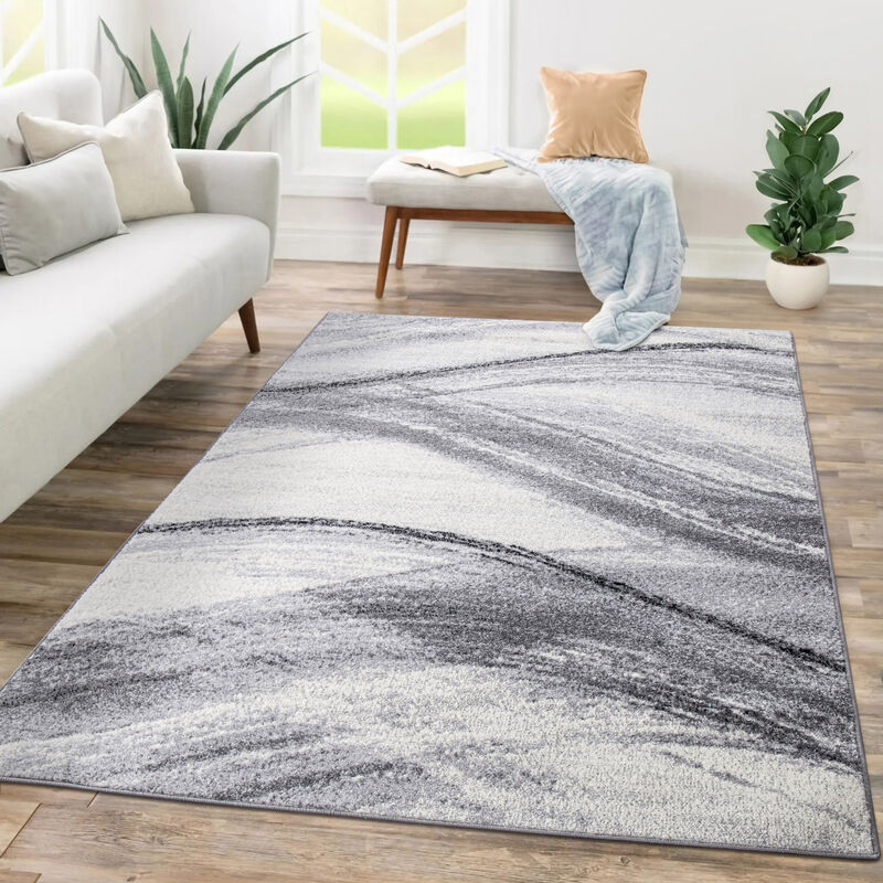 Tapis Salon Chambre Adulte Poils Ras Motif Abstrait Motif Geometrique Vagues 160x220 cm, Gris - Paco Home