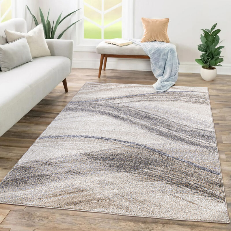 Tapis Salon Chambre Adulte Poils Ras Motif Abstrait Motif Geometrique Vagues 80x150 cm, Beige 2 - Paco Home
