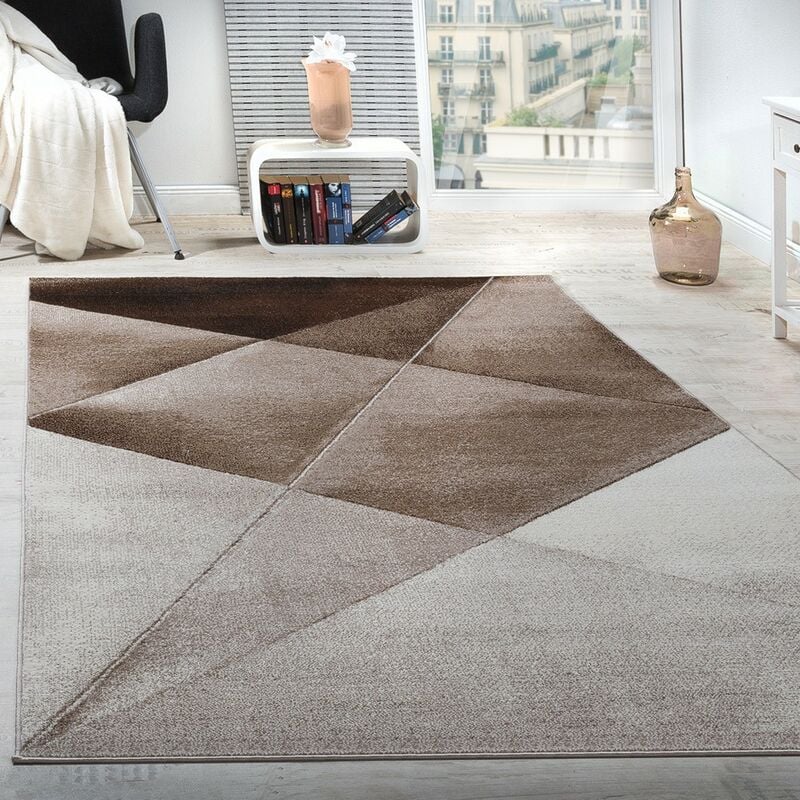 Tapis Design Moderne Motifs Géométriques Poils Ras Brun Beige Blanc Chiné 70x250 cm - Paco Home