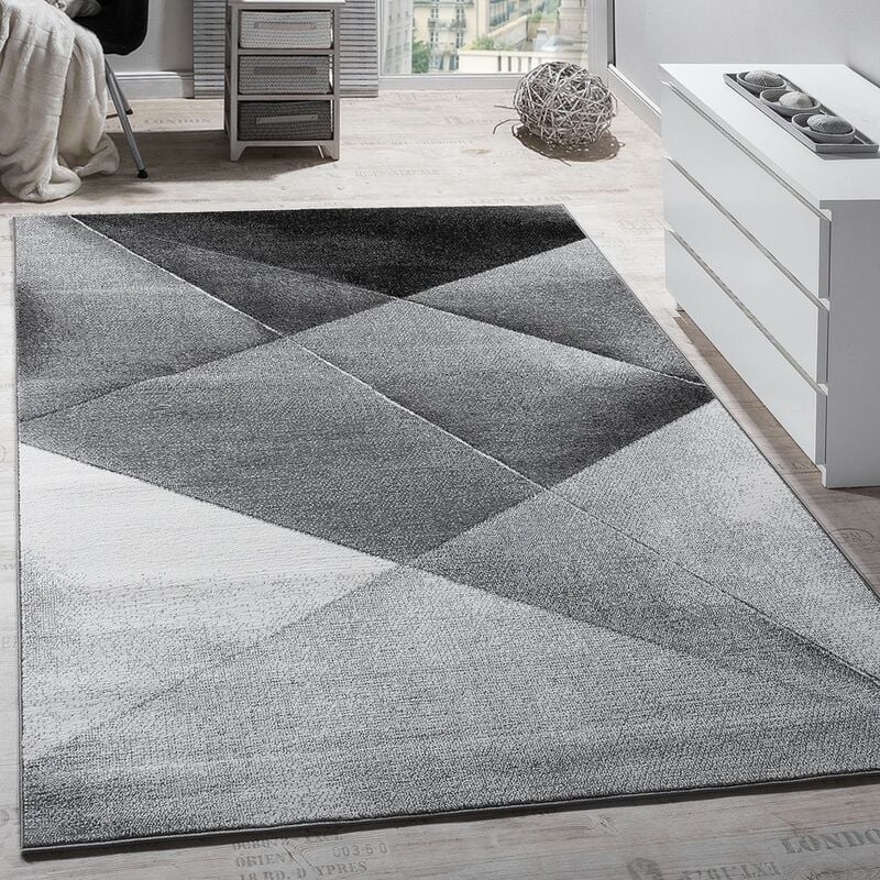 Tapis Design Moderne Motifs Géométriques Poils Ras Gris Noir Blanc Chiné 230x320 cm - Paco Home