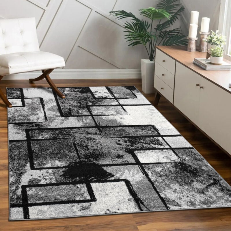 Tapis Design Moderne Poils Ras Abstrait Peintures Effet Noir Gris Anthracite 200x290 cm - Paco Home