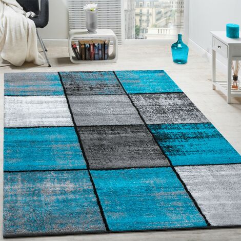 Paco Home Tapis Design Moderne Poils Ras Carreaux Spécial Chiné Gris Noir Turquoise