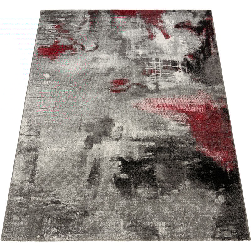 Tapis Design Moderne Toile Splash Gris Rouge Crème Marbré 200x290 cm - Paco Home