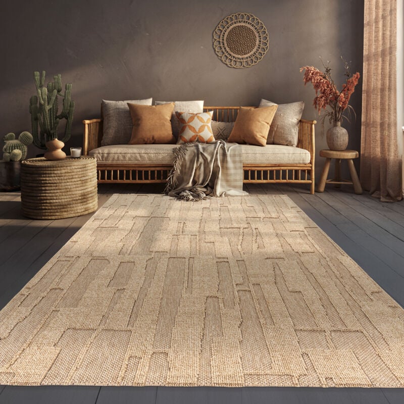 Paco Home - Tapis D'Extérieur Résistant Aux Intempéries Balcon Salon Design Abstrait Beige 80x150 cm