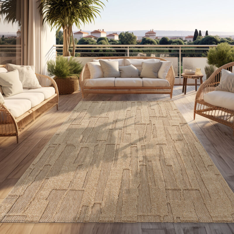 Paco Home Tapis D'Extérieur Résistant Aux Intempéries Balcon Salon Design Abstrait Beige 200x280 cm