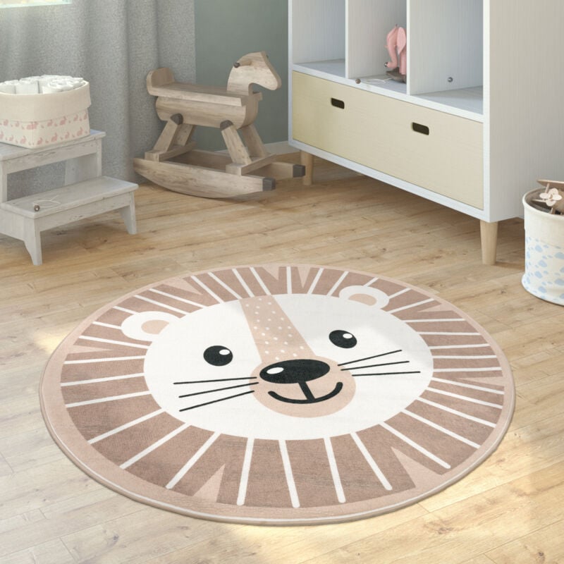 Paco Home Tapis Enfant Chambre d’Enfant Rond Moderne Filles Garçons Lune Koala Tête Lion Beige, 80 cm rond