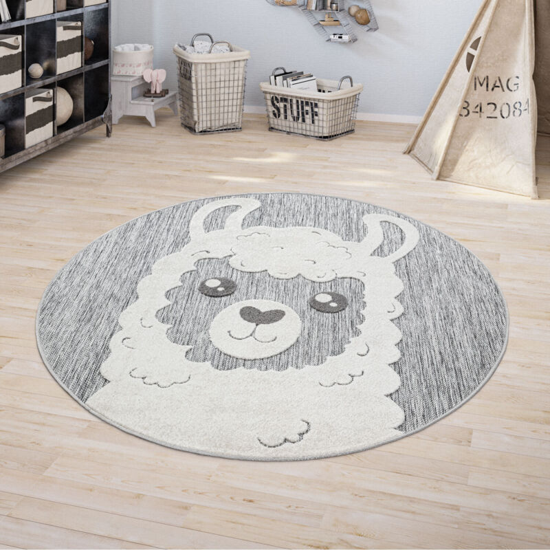 Tapis Enfant Chambre D'Enfant Rond Tapis De Jeux Garçon Fille Effet 3D Lama Gris 120 cm rond - Paco Home