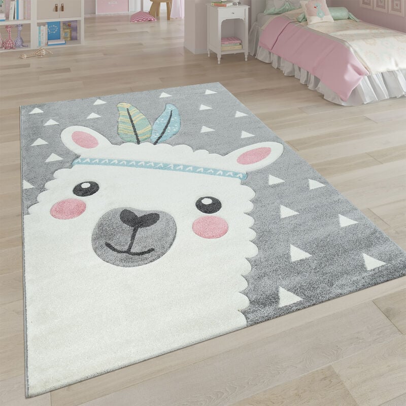 Tapis Enfant Chambre Enfant Aspect 3D Adorable Alpaga Design Tons Pastel En Gris 133 cm carré - Paco Home