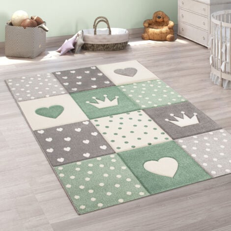 Paco Home Tapis Enfant Chambre Enfant Carreaux Pois Cœurs Étoiles Vert Pastel Gris 120 cm rond