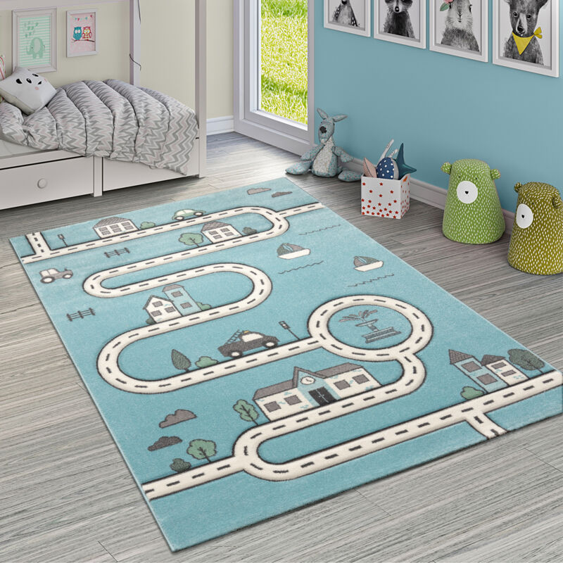 Tapis Enfant Chambre Enfant Moderne Tapis Apprentissage Rue Voiture Maison Bleu 140x200 cm - Paco Home