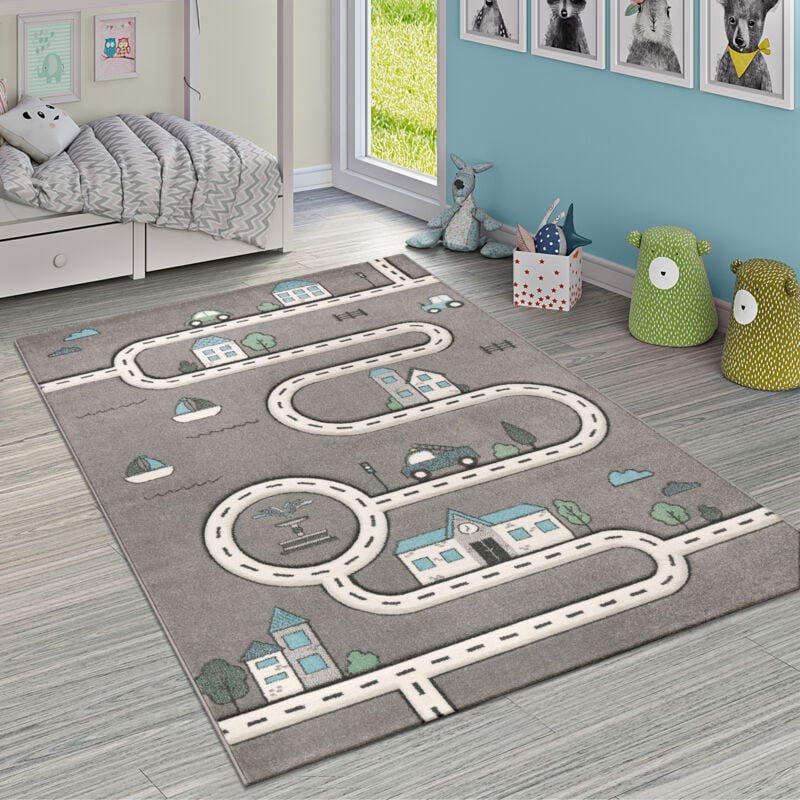 Paco Home - Tapis Enfant Chambre Enfant Moderne Tapis Apprentissage Rue Voiture Maison Gris 120 cm rond