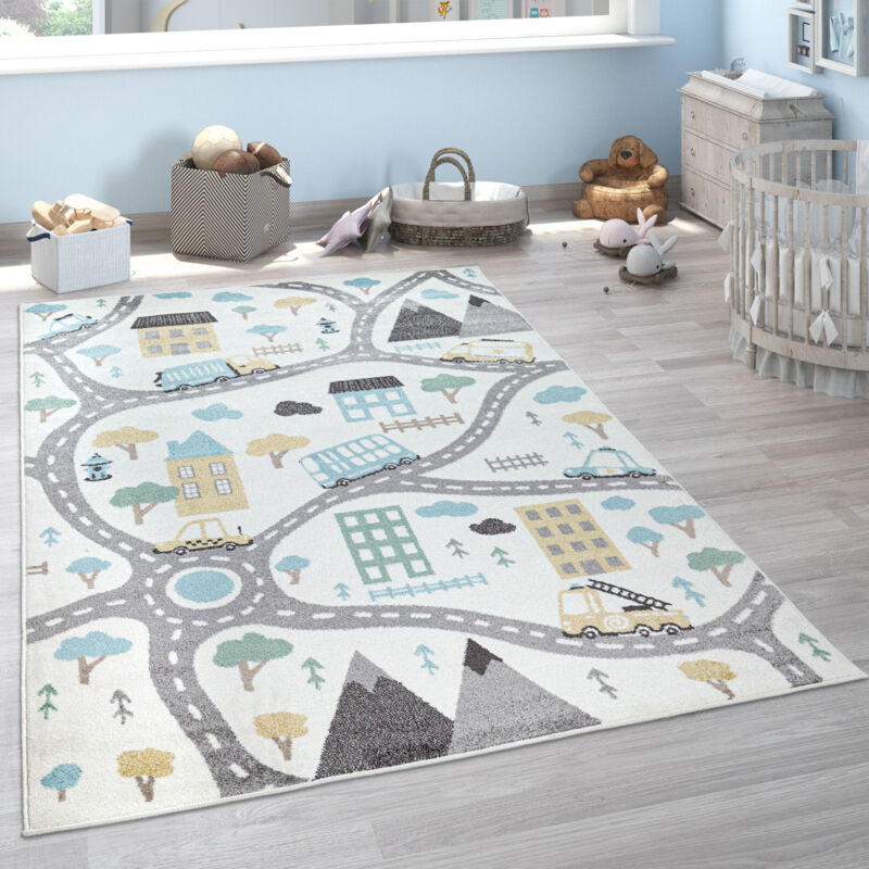Paco Home - Tapis Enfant Chambre Enfant Pastel Garçon Fille Voitures Crème Bleu Pétrole Gris 240x340 cm