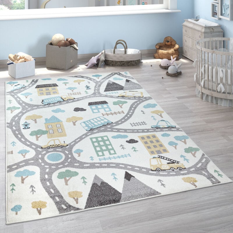 Paco Home - Tapis Enfant Chambre Enfant Pastel Garçon Fille Voitures Crème Bleu Pétrole Gris 80x150 cm