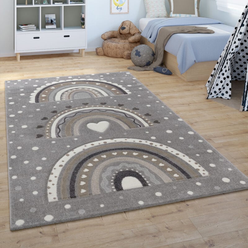 Tapis Enfant Chambre Enfant Poils Ras Garçon Fille Cœur Pois Arc-En-Ciel Gris 120 cm rond - Paco Home