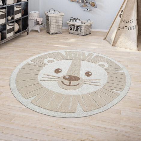 Paco Home Tapis Enfant Chambre Enfant Rond Tapis De Jeux Garçon Fille Effet 3D Lion Beige 160 cm rond