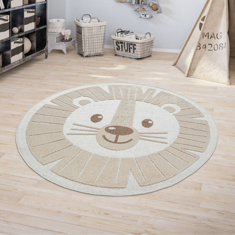Tapis Enfant Chambre Enfant Rond Tapis De Jeux Garçon Fille Effet 3D Lion Beige 160 cm rond - Paco Home
