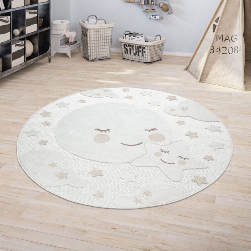 Tapis Enfant Chambre Enfant Rond Tapis De Jeux Garçon Fille Effet 3D Lune Beige 160 cm rond - Paco Home