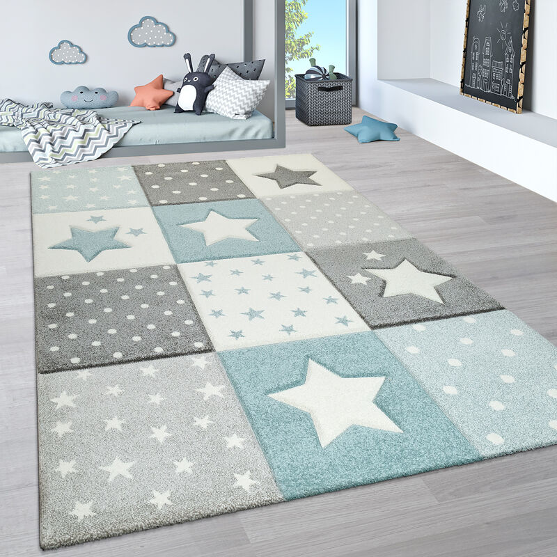 Paco Home - Tapis Enfant Chambre Pastel 3D Nuages Étoiles Arc-en-ciel 133 cm carré, Bleu 4