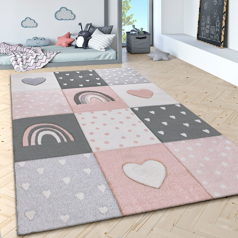 Paco Home - Tapis Enfant Chambre Pastel 3D Nuages Étoiles Arc-en-ciel 120 cm rond, Pink 6