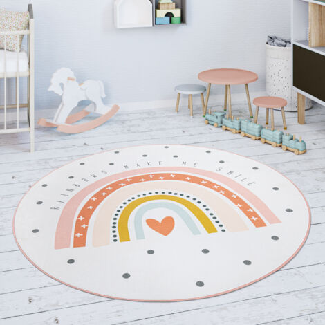 Paco Home – Tapis enfant rond 80 cm – Tapis de jeux en polyester – Motif arc-en-ciel cœur blanc cassé rose – Tissage plat facile d'entretien