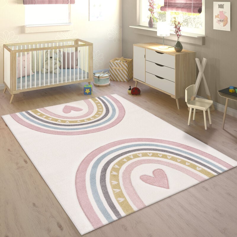 Tapis Enfant Tapis Chambre Enfant Fille Garcon Arc-en-ciel Coeur 3D Rose Crème 160x230 cm - Paco Home