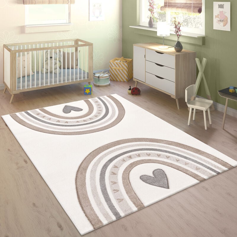Tapis Enfant Tapis Chambre Enfant Fille Garcon Arc-en-ciel Coeur 3D Beige 80x150 cm - Paco Home